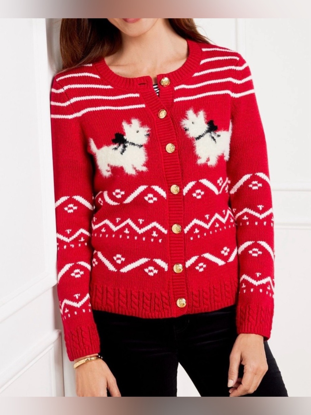 Talbots Red Cardigan with White Dog Motif and Gold Buttons
